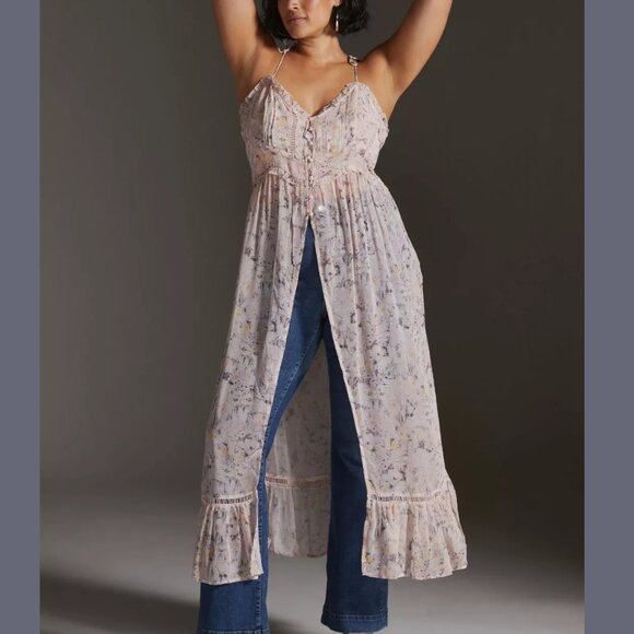 By Anthropologie Sheer Curtain Top Pink Floral Large - Picture 4 of 14